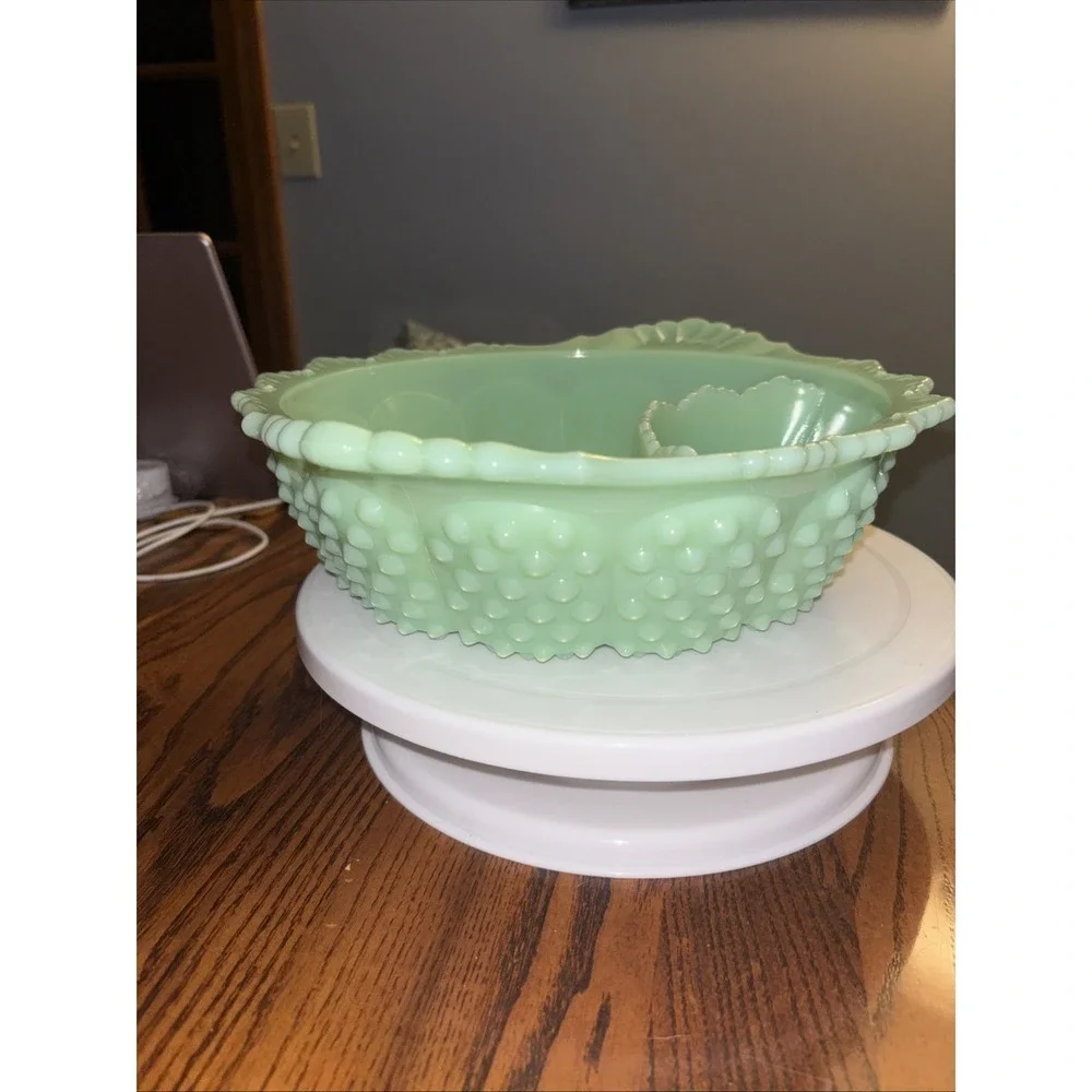 Melon/Chip/Dip Divided Bowl - Hobnail Gigi Pattern - Jadeite Green - Mosser USA